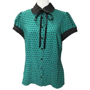 Hell Bunny Heart Print Blouse Teal Green Black Medium